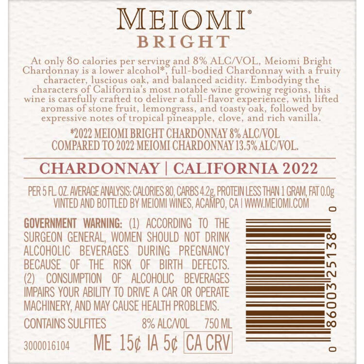 Meiomi Chardonnay Bright California - 750ML - Back Label