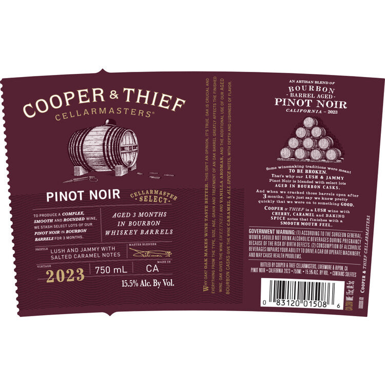 Cooper & Thief Pinot Noir Cellarmaster Select Aged In Bourbon Whiskey - 750ML - Front Label