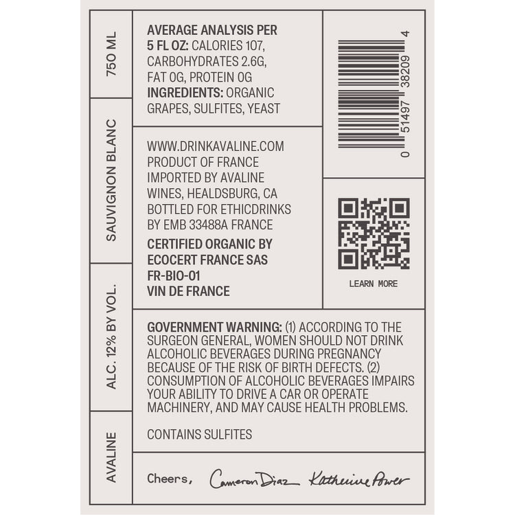 Avaline Sauvignon Blanc France Made With Organic Grapes - 750ML