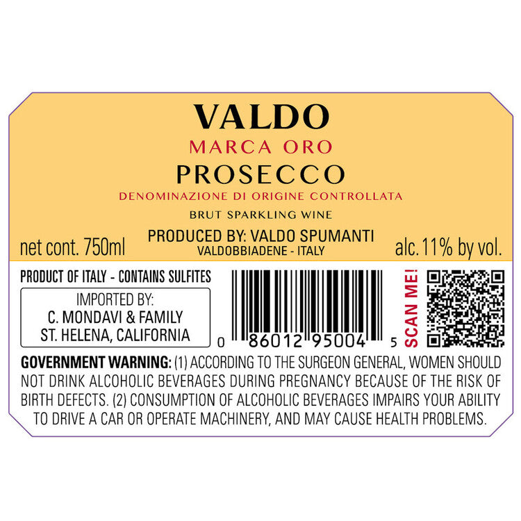 Valdo Prosecco Brut Marca Oro - 750ML - Back Label
