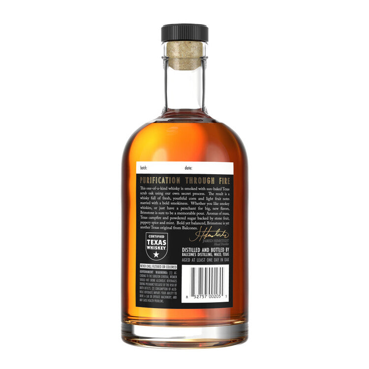 Balcones Corn Whiskey Brimstone Texas Scrub Oak Smoked Pot Distilled 1 - 750ML