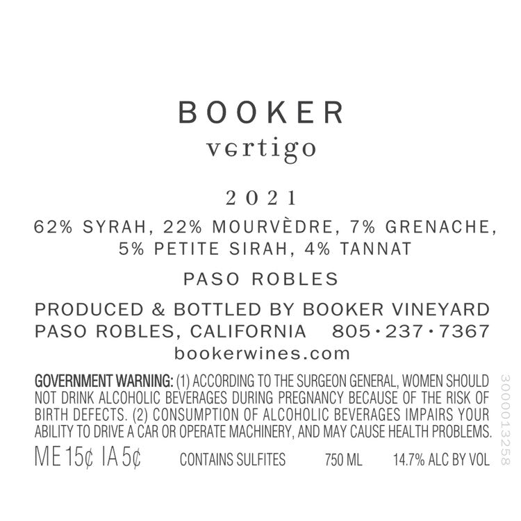 Booker Vertigo Aged 18 Months In French Oak Barrels Paso Robles 2020 - 750ML