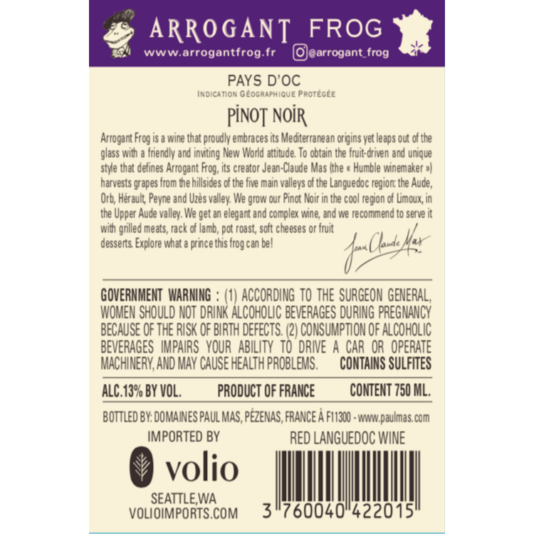 Arrogant Frog Pinot Noir Lily Pad Noir Pays D'Oc - 750ML - Back Label