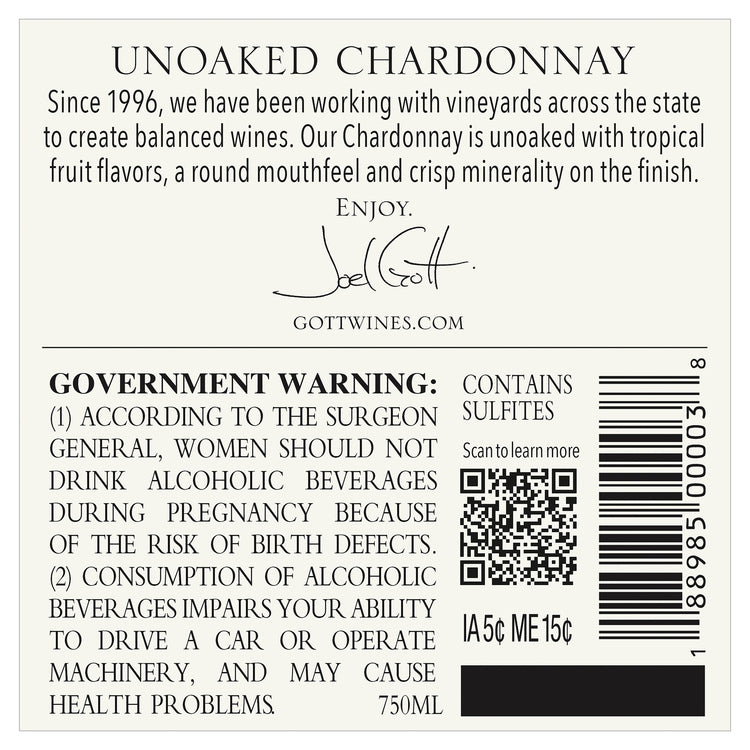 Joel Gott Chardonnay Unoaked California 2023 - 750ML