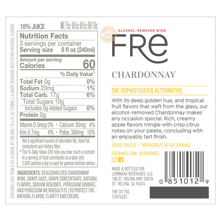 Fre Chardonnay Alcohol Removed - 187ML - Back Label