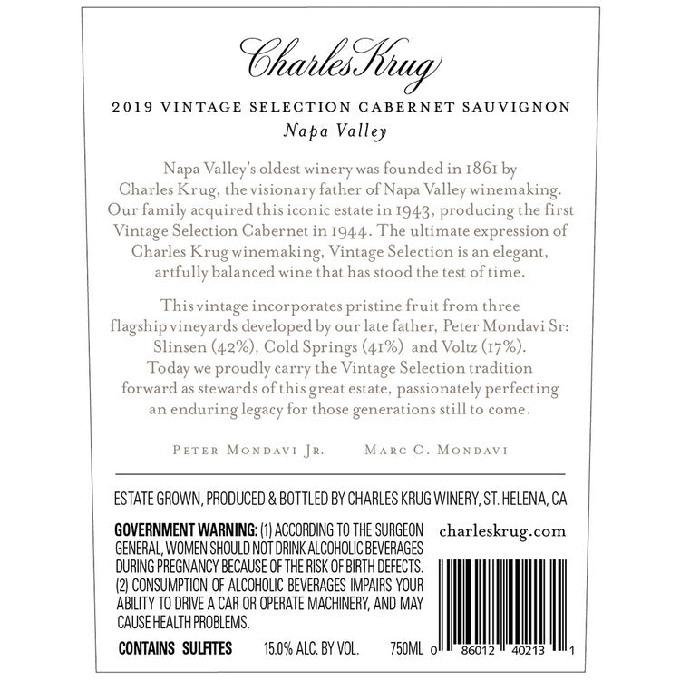 Charles Krug Cabernet Sauvignon Vintage Selection Napa Valley 2019 - 750ML