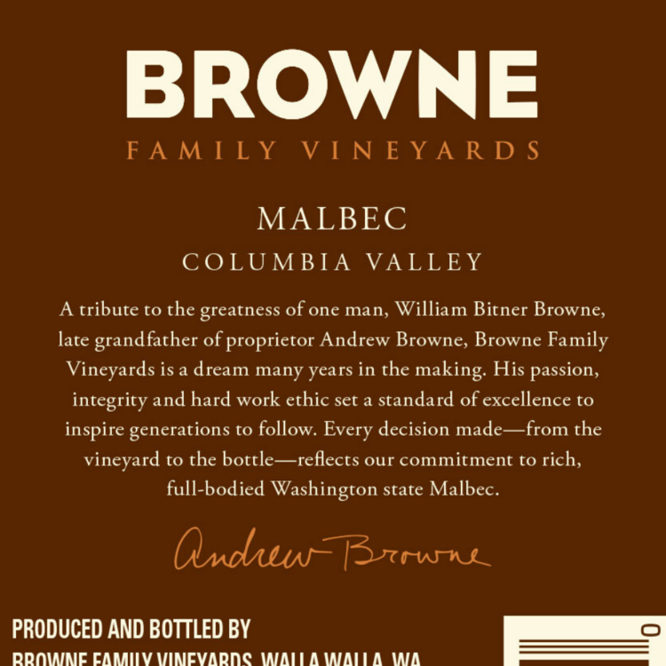 Browne Family Vineyards Malbec Family Vineyards Columbia Valley 2020 - 750ML - Back Label