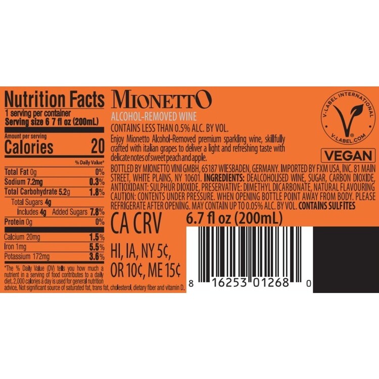 Mionetto White Wine Alcohol Free - 200ML - Back Label