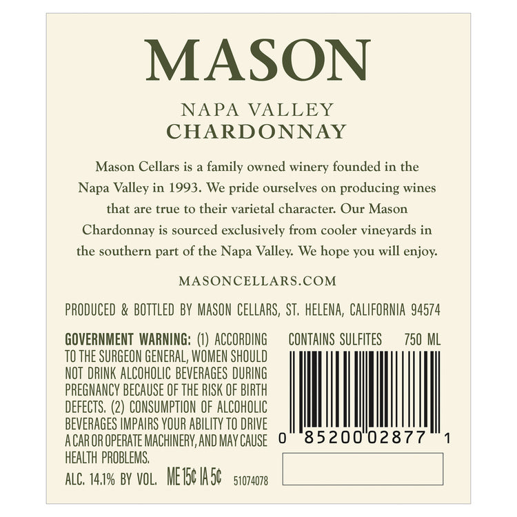 Mason Cellars Chardonnay Napa Valley 2022 - 750ML - Back Label