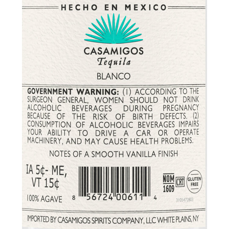 Casamigos Tequila Blanco 80 - 750ML - Back Label