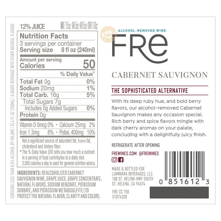 Fre Cabernet Sauvignon Alcohol Removed - 750ML - Back Label