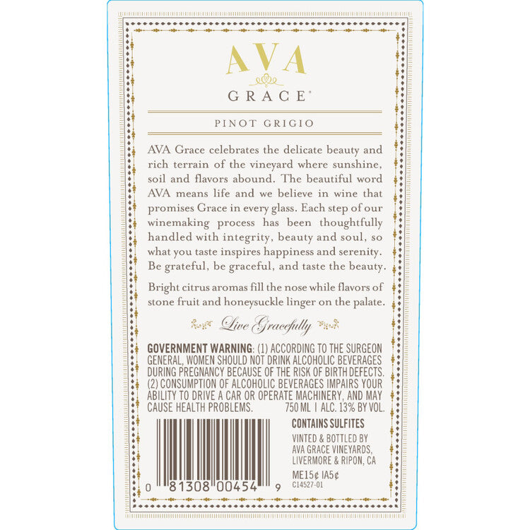 Ava Grace Vineyards Pinot Grigio California - 750ML - Back Label