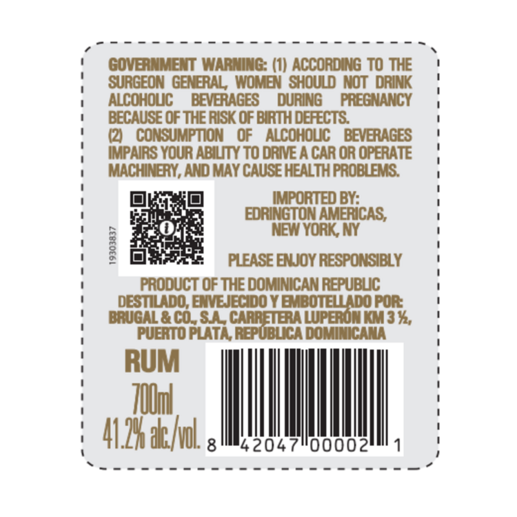 Brugal Gold Rum Maestro Reserva 82.4 - 700ML - Back Label