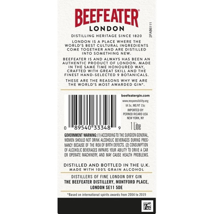 Beefeater London Dry Gin 80 - 1.0L - Back Label