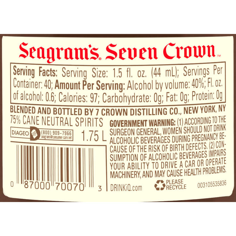 Seagram's Blended American Whiskey 7 Crown 80 - 1.75L - Back Label