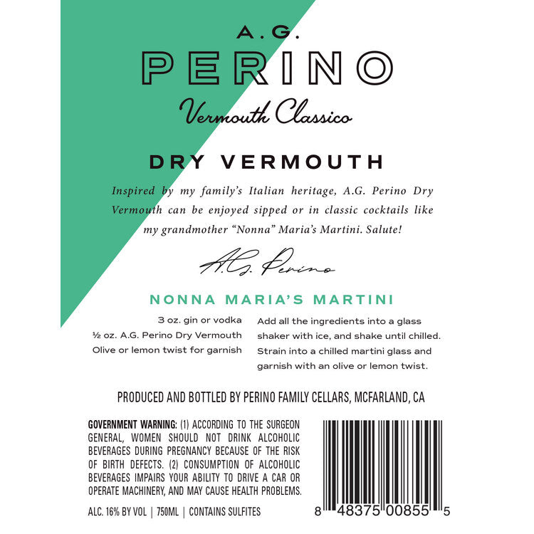 A.G. Perino Dry Vermouth Classico - 750ML - Back Label