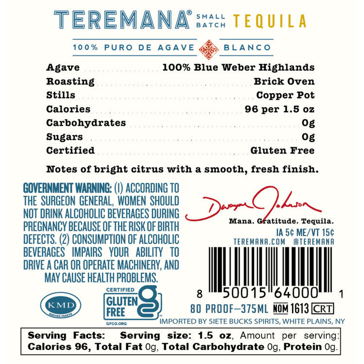 Teremana Tequila Blanco Small Batch 80 - 375ML - Back Label