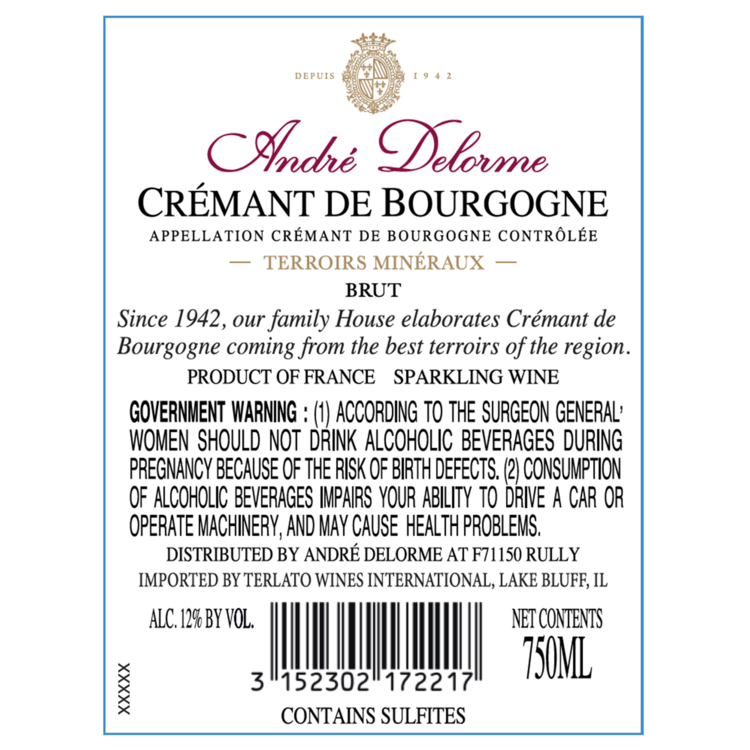 Andre Delorme Cremant De Bourgogne Brut Terroirs Mineraux - 750ML - Back Label