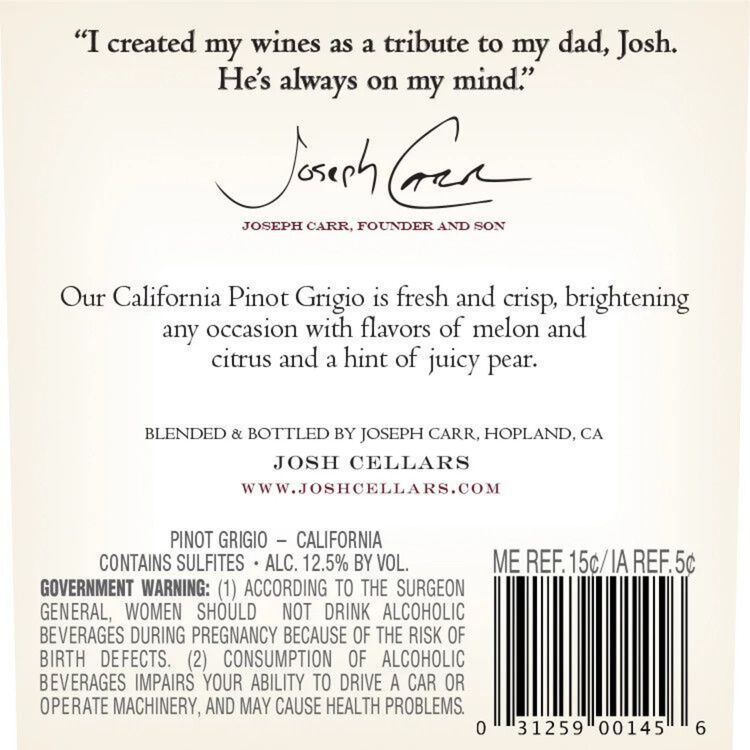 Josh Cellars Pinot Grigio California - 750ML - Back Label