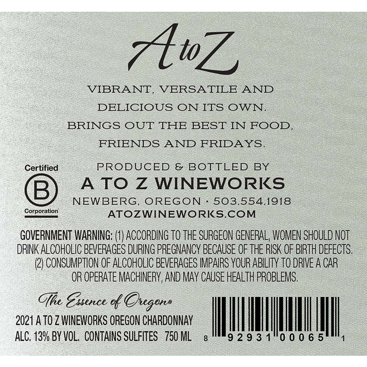 A To Z Wineworks Chardonnay Oregon - 750ML