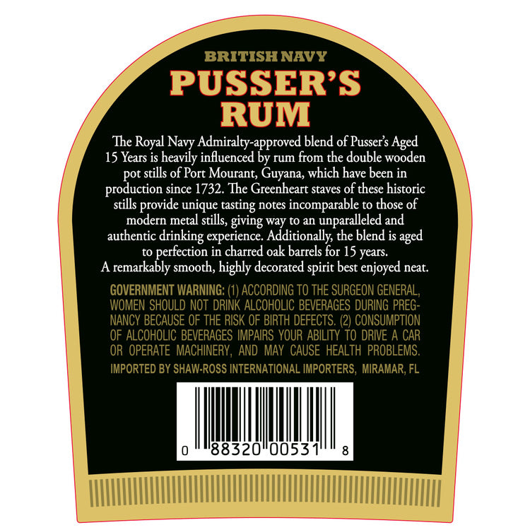 Pusser's Navy Rum British Navy 15 Yr 80 W/ Gift Box - 750ML - Back Label
