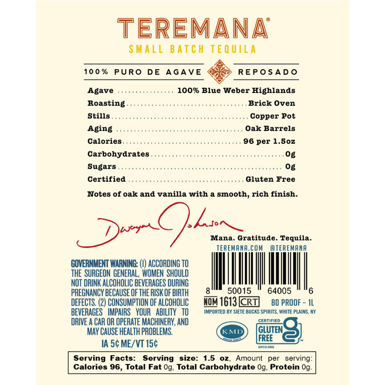 Teremana Tequila Reposado Small Batch 80 - 1.0L - Back Label