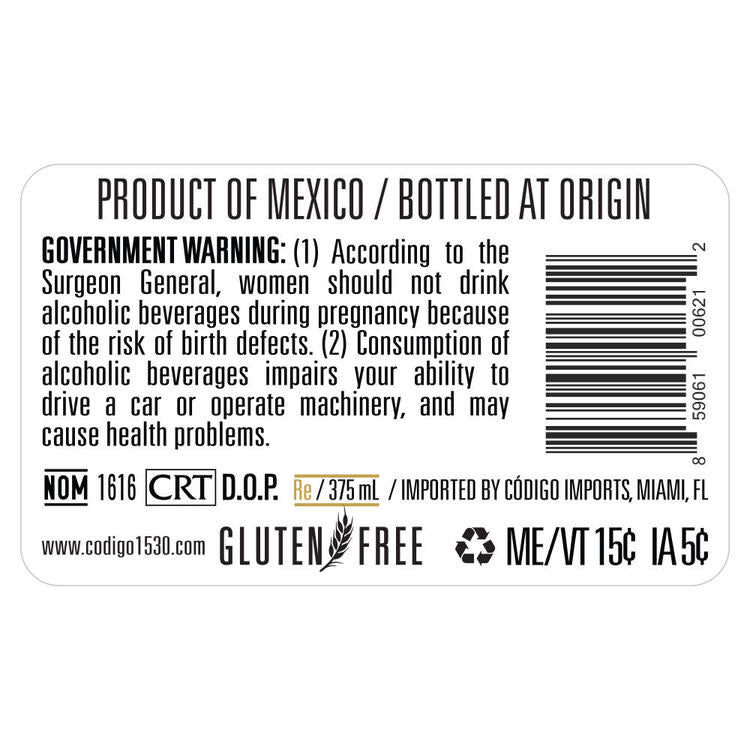 Codigo 1530 Tequila Reposado 80 - 375ML - Back Label