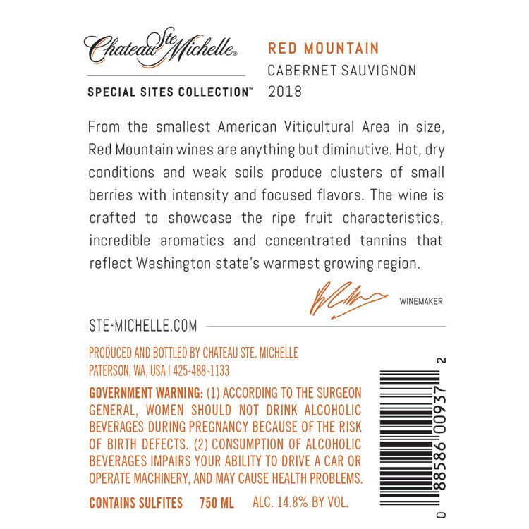 Chateau Ste. Michelle Cabernet Sauvignon Red Mountain 2018 - 750ML - Back Label