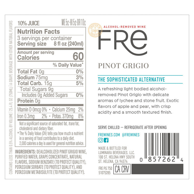 Fre Pinot Grigio Alcohol Removed - 750ML - Back Label