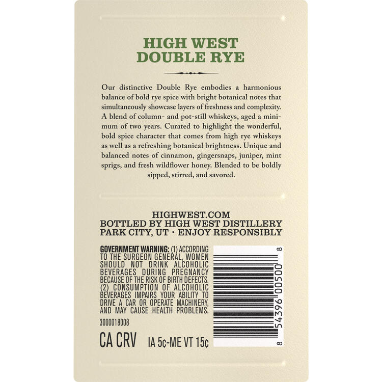 High West Rye Whiskey Double Rye! 92 - 750ML - Back Label