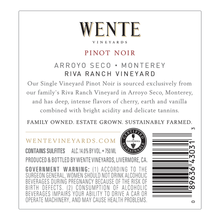 Wente Vineyards Pinot Noir Riva Ranch Vineyard Arroyo Seco - 750ML - Back Label