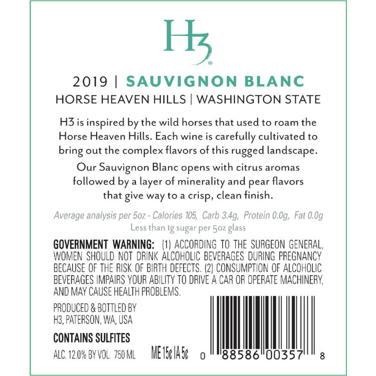 H3 Sauvignon Blanc Horse Heaven Hills - 750ML - Back Label