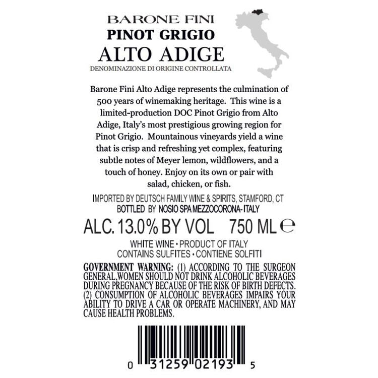 Barone Fini Pinot Grigio Alto Adige - 750ML - Back Label