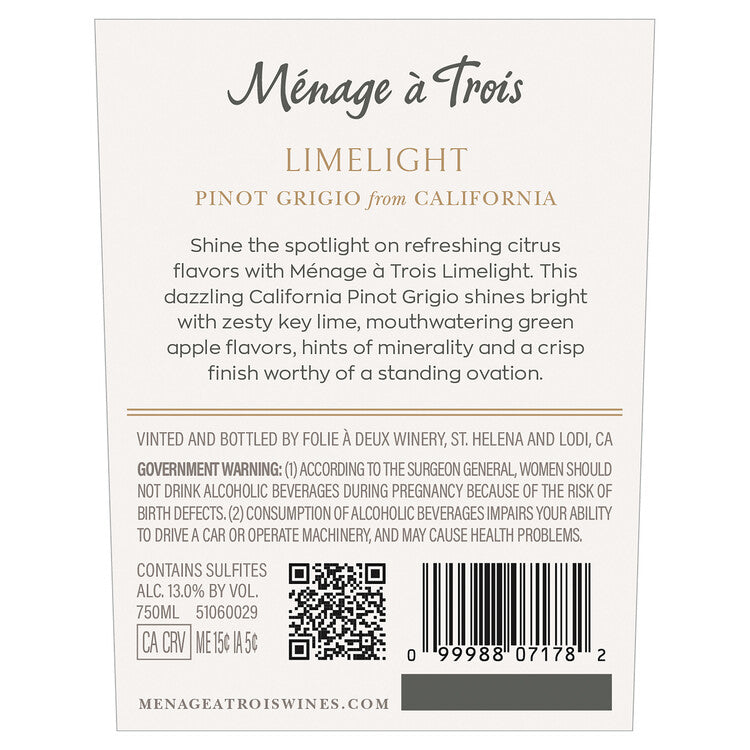 Menage A Trois Pinot Grigio Limelight California - 750ML - Back Label