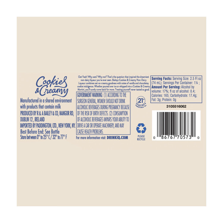 Baileys Cream Liqueur Cookie & Cream Non-Dairy Made With Oat Milk 34 - 100ML