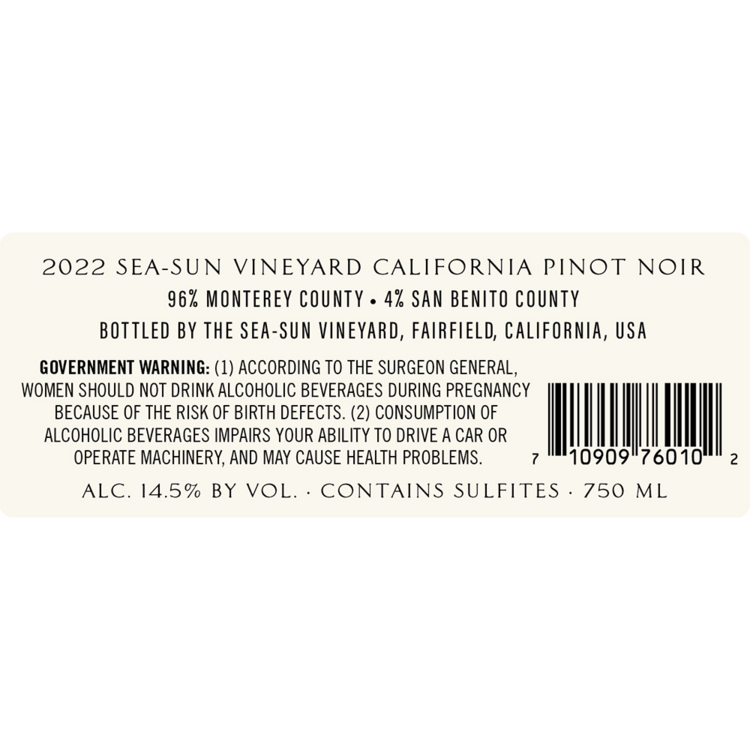 Sea Sun Pinot Noir California 2023 - 750ML - Back Label