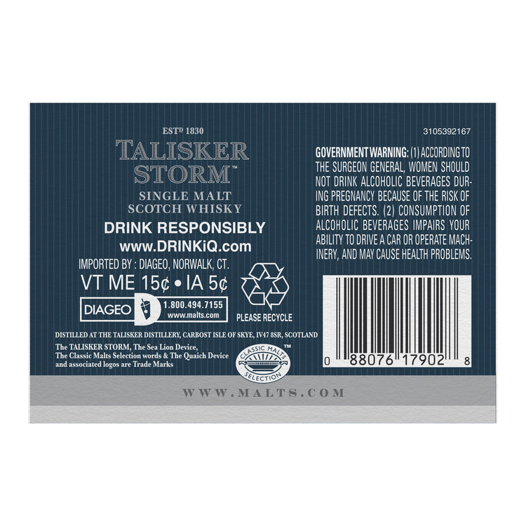 Talisker Single Malt Scotch Storm 91.6 - 750ML - Back Label