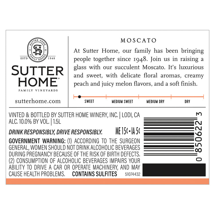 Sutter Home Moscato California - 1.5L - Back Label