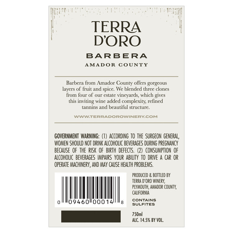 Terra D'Oro Barbera Amador County 2022 - 750ML - Back Label