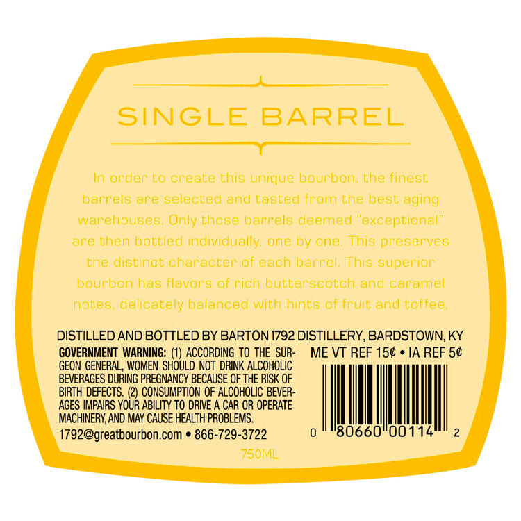 1792 Straight Bourbon Single Barrel 98.6 - 750ML - Back Label