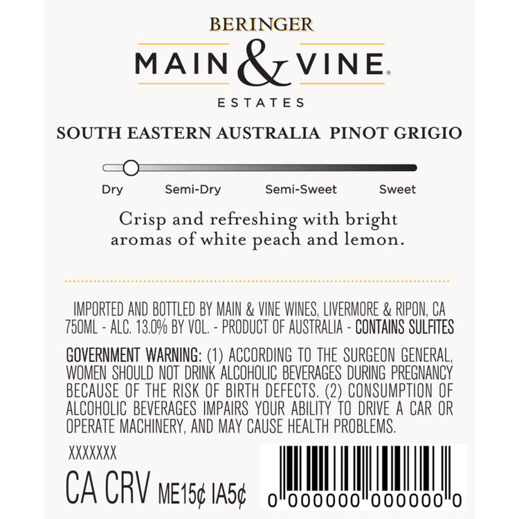 Beringer Main & Vine Pinot Grigio California - 750ML - Back Label