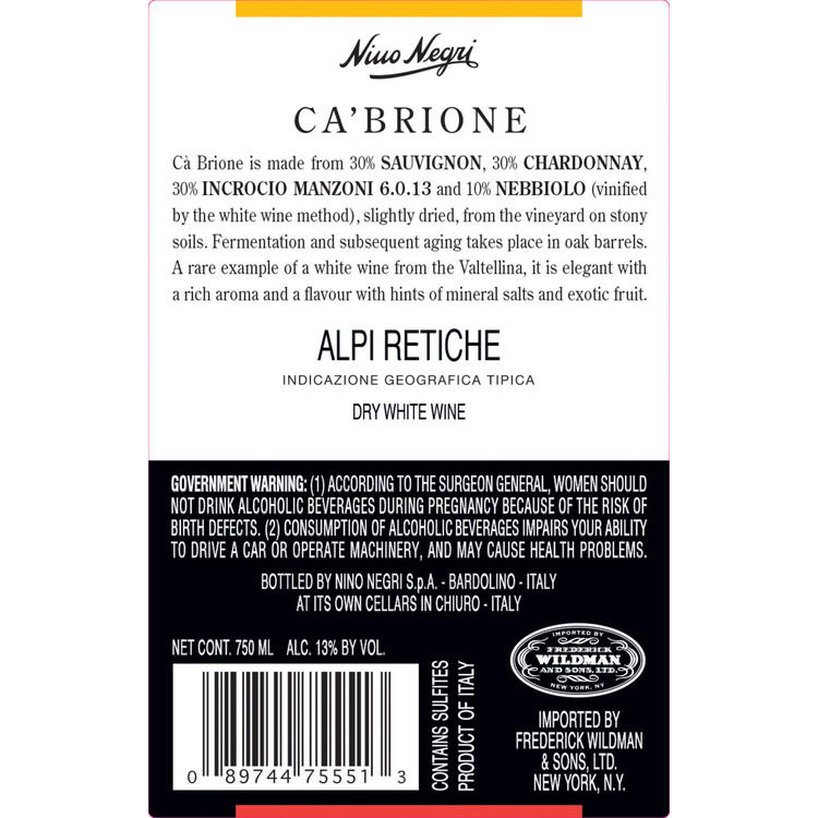 Nino Negri Bianco Ca' Brione Alpi Retiche 2022 - 750ML - Back Label
