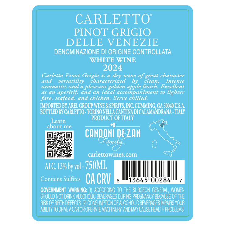 Carletto Pinot Grigio Delle Venezie - 750ML - Back Label