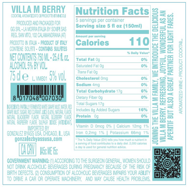 Villa M Moscato Berry - 750ML - Back Label