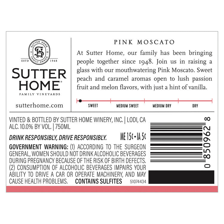 Sutter Home Pink Moscato California - 750ML - Back Label