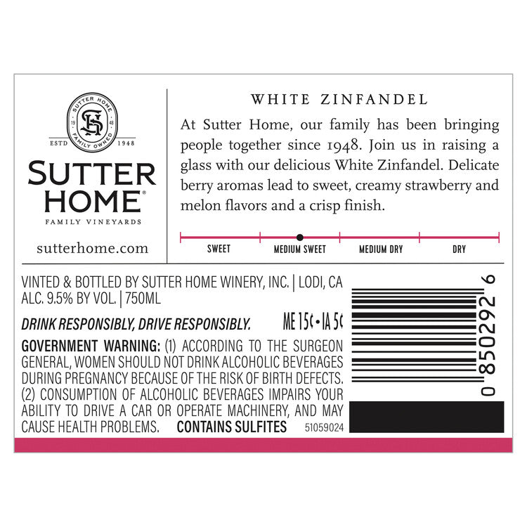 Sutter Home White Zinfandel California - 750ML - Back Label