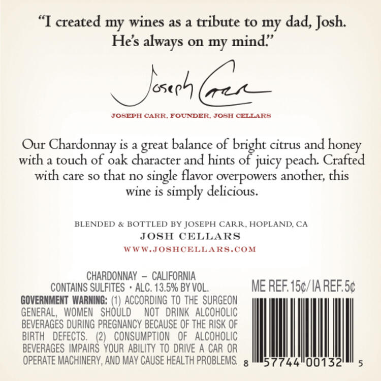 Josh Cellars Chardonnay California - 375ML - Back Label