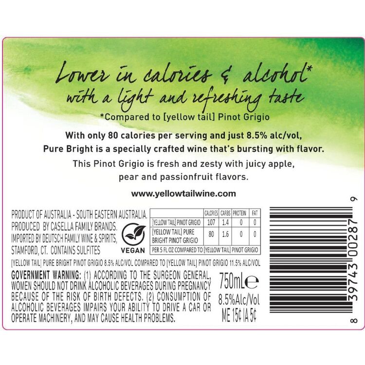 Yellow Tail Pinot Grigio Pure Bright South Eastern Australia - 750ML