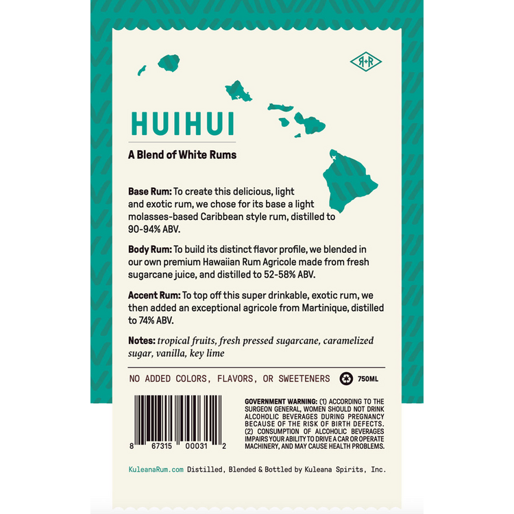 Kuleana Rum Works White Rum Huihui 80 - 750ML - Back Label