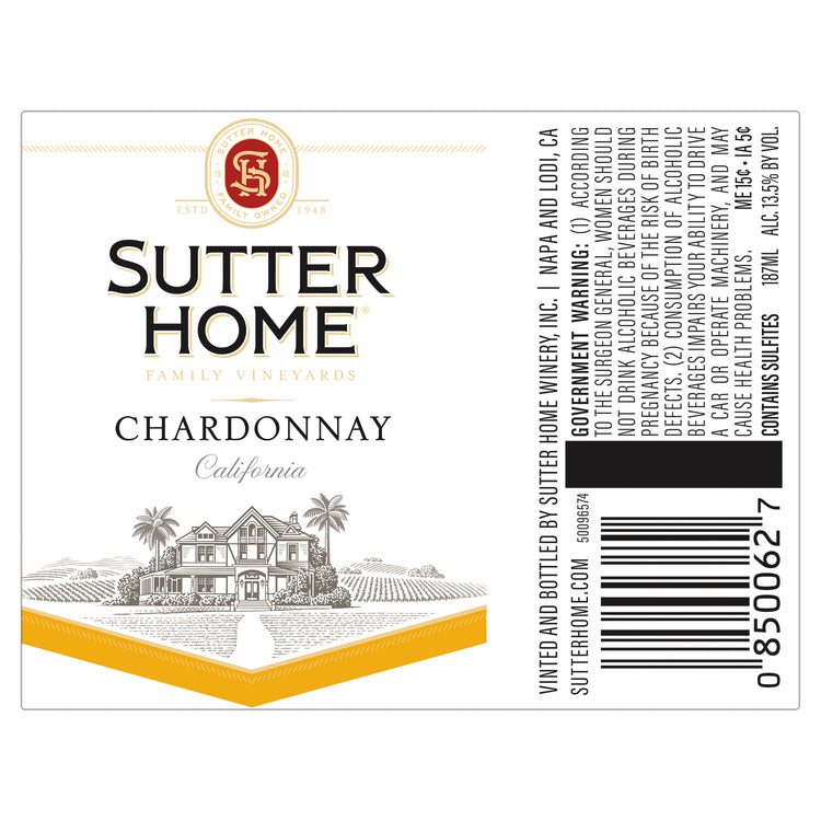 Sutter Home Chardonnay California - 187ML - Front Label